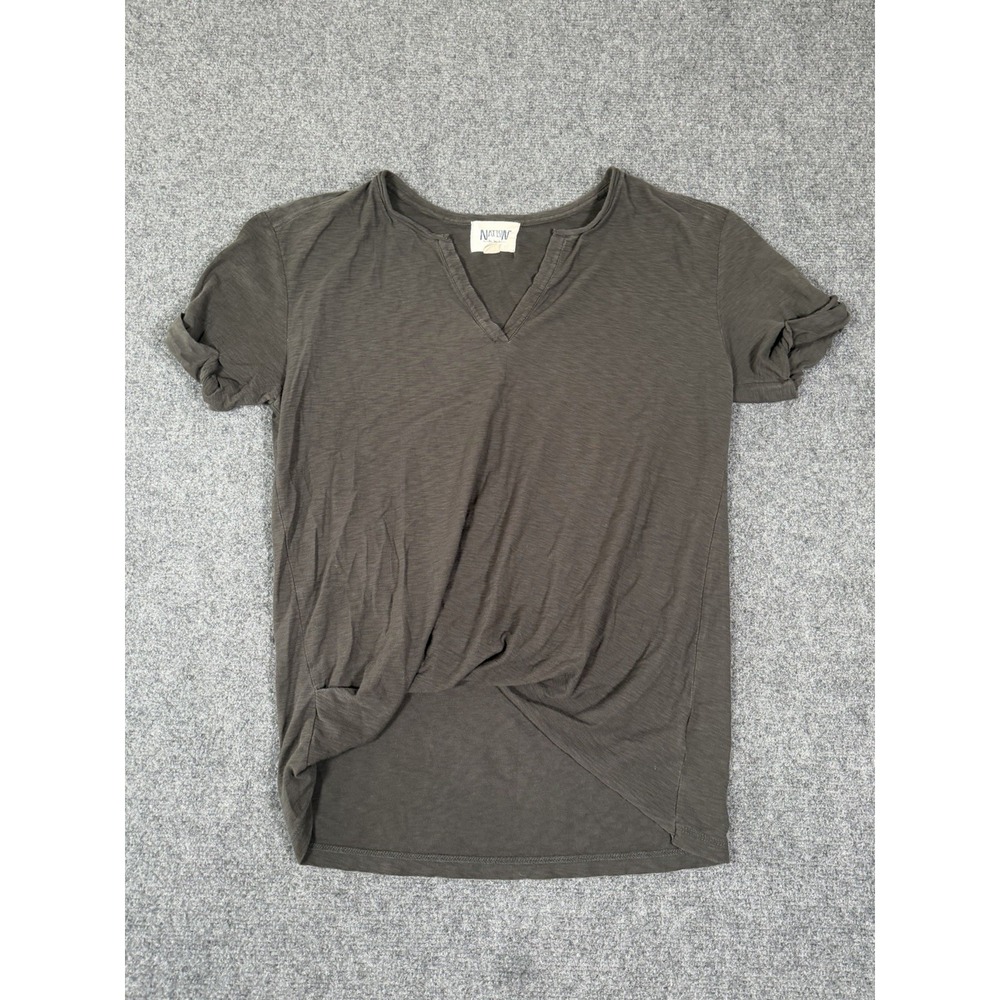 Nation LTD Pima Cotton Slub V Neck Rolled Sleeve T Shirt Womens XS Brown Gray